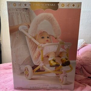 FAO Schwarz Pink and Gold 3-Wheel Doll Stroller new in box